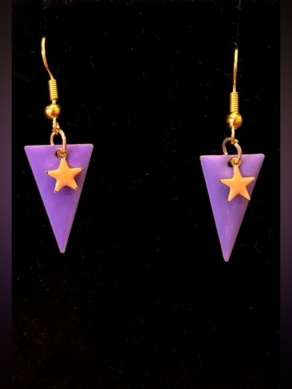 New enamel gold tone trimmed double charmed Purple peach Star Earrings 80s vibes